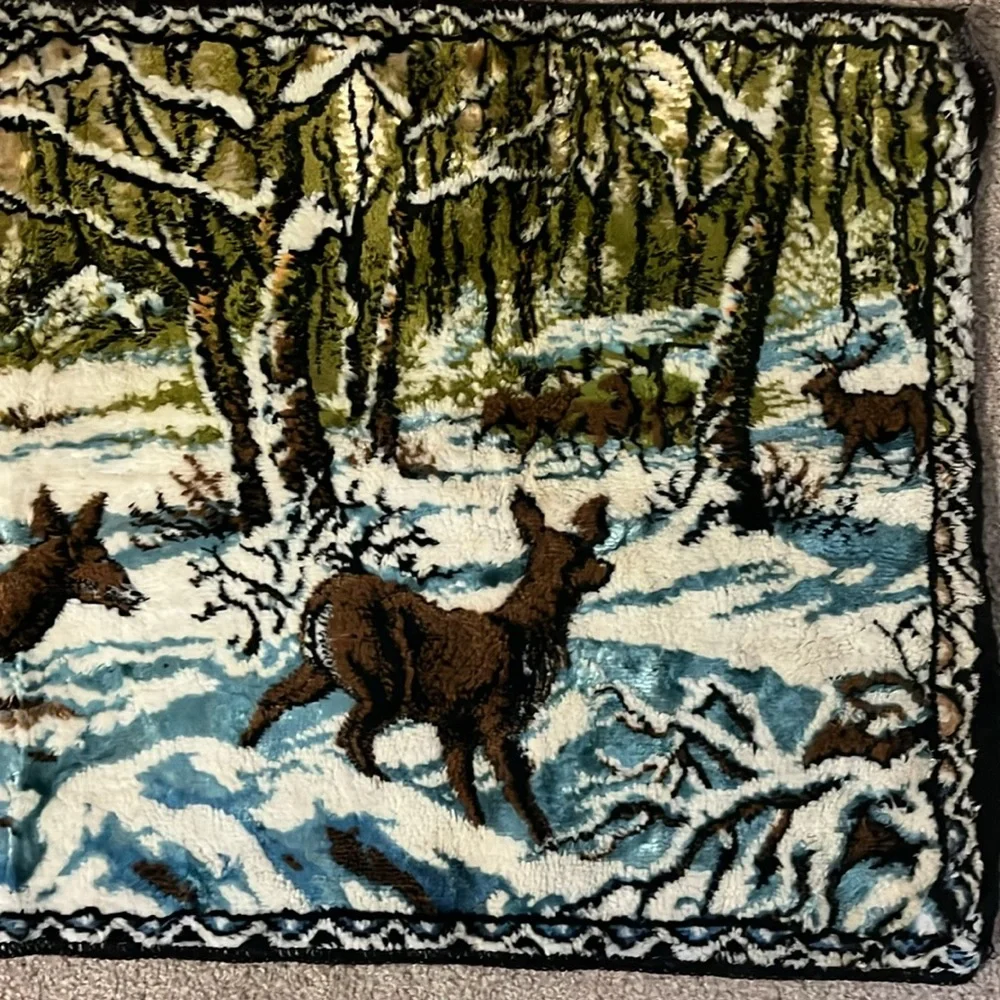 Vintage 70s B.M.S. Deers Winter Woods Velvet Tapestry